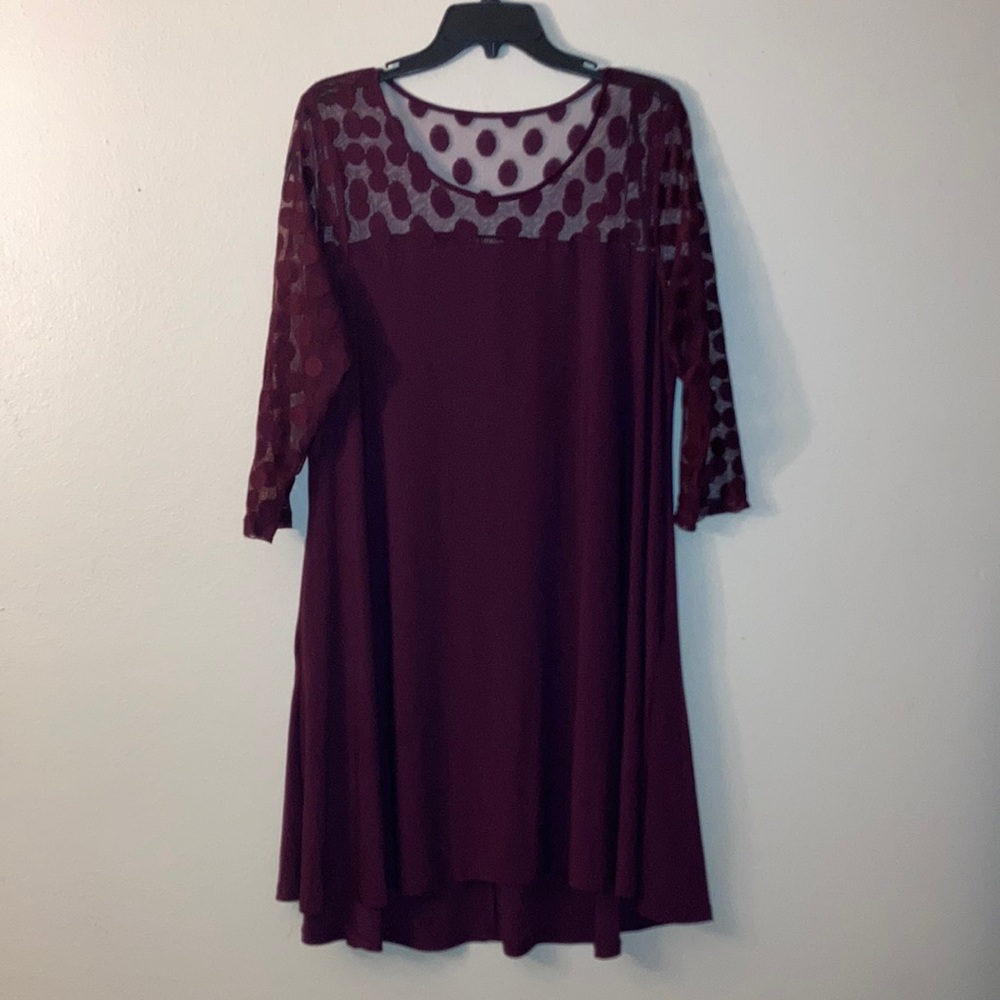 Burgundy color high low midi dress with mesh sleeves and collar
